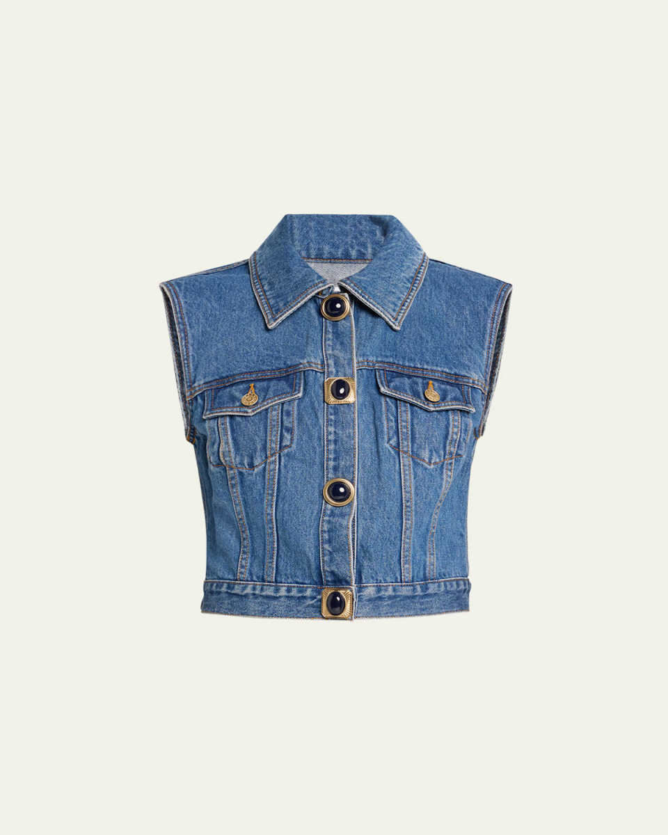 Gemstone Button Cropped Denim Vest